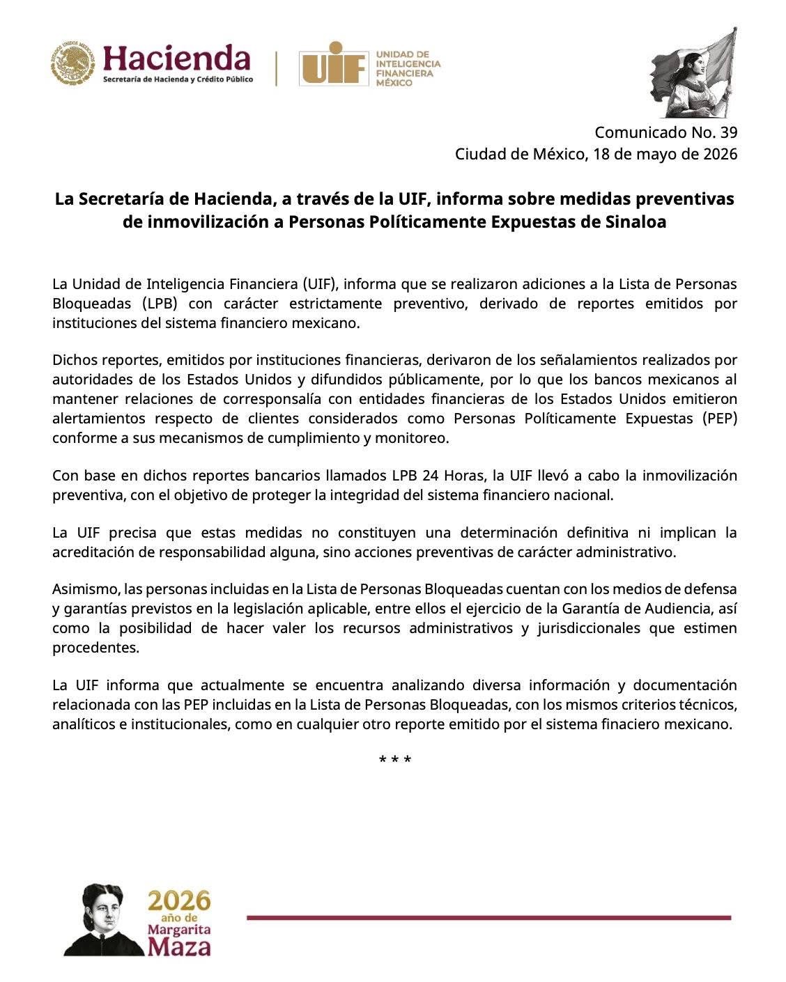 UIF bloquea cuentas de Rubén Rocha y otros nueve políticos tras señalamientos de EU por narcotráfico